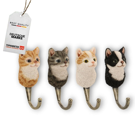 Katzenhaken 4tlg Katzenkopf Dekohaken & Garderobenhaken für Flur, Bad & Küche