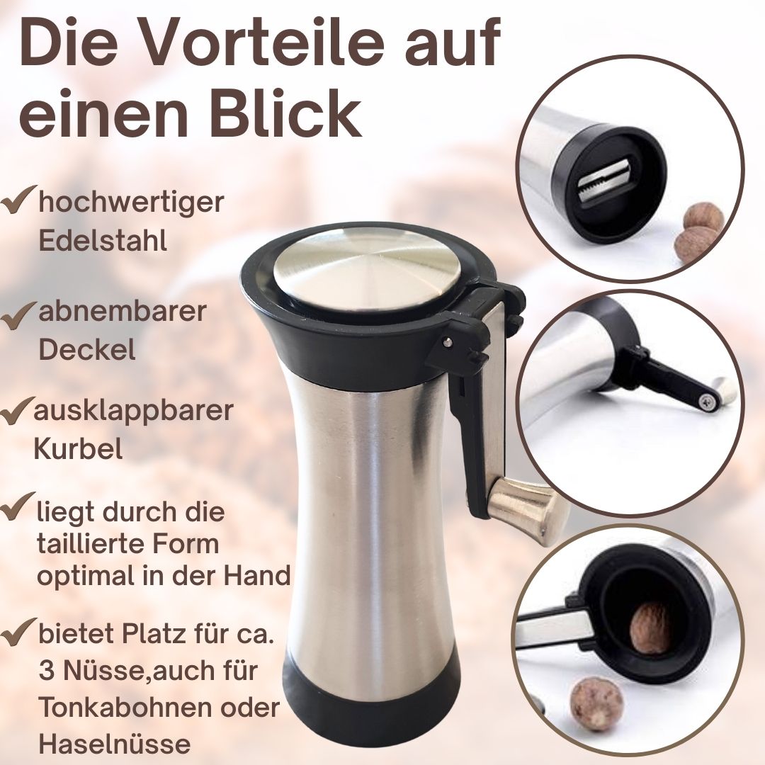 Muskatmühle Edelstahl mit Aufbewahrungsbehälter und einklappbarer Kurbel Muskatnussmühle