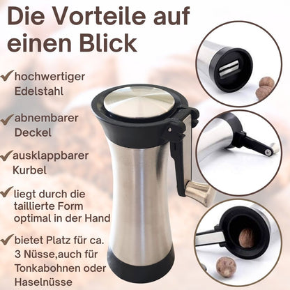 Muskatmühle Edelstahl mit Aufbewahrungsbehälter und einklappbarer Kurbel Muskatnussmühle