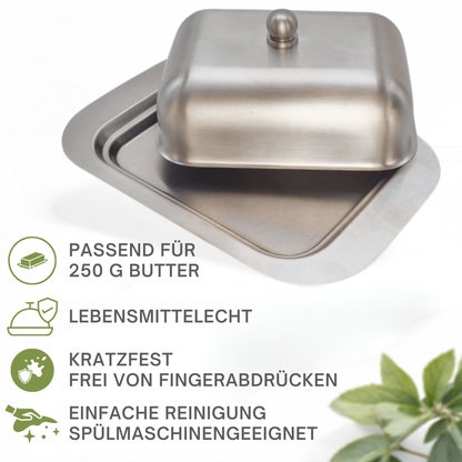 Stainless steel butter dish, matte finish, lid, butter dome, dishwasher safe, butter container 