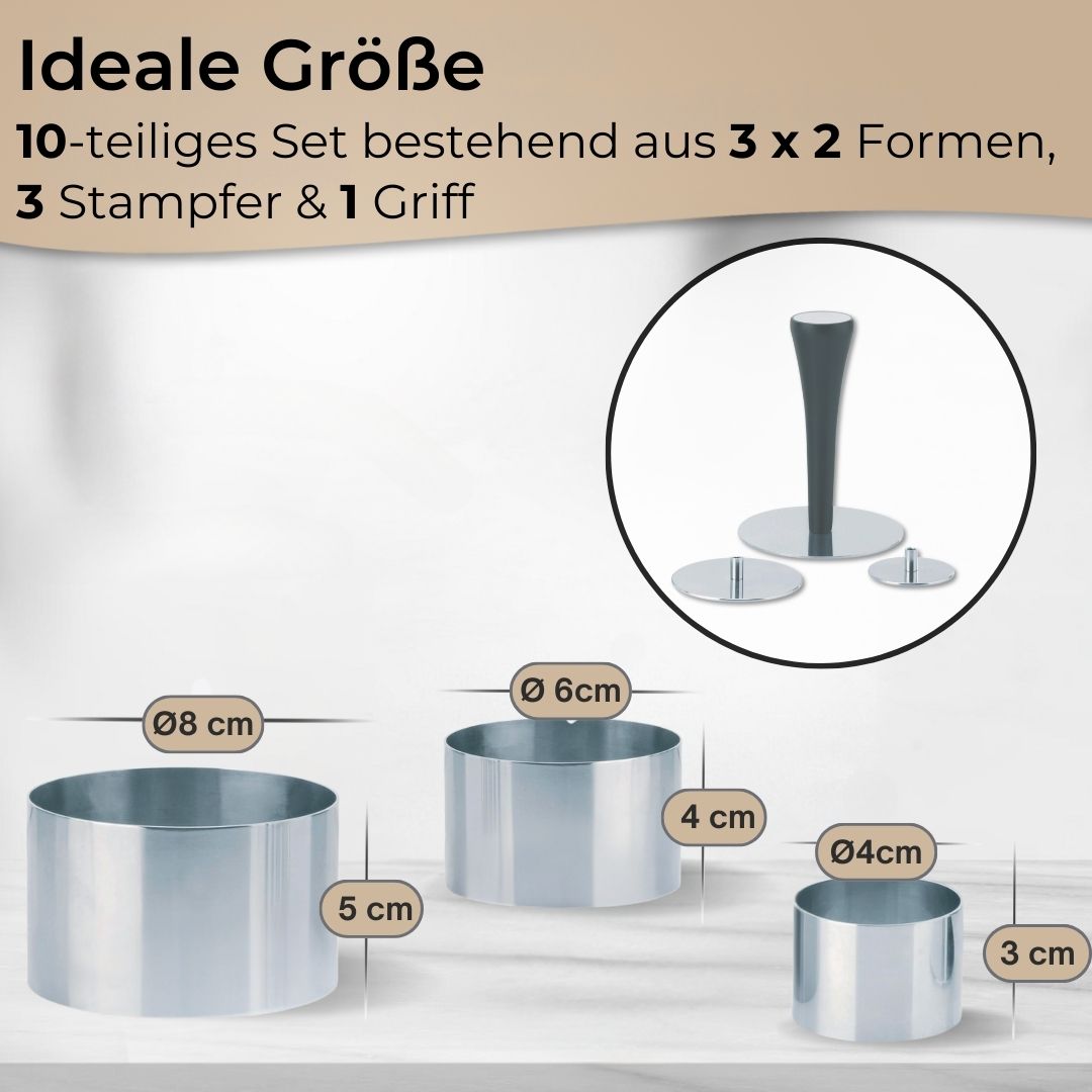 Premium Profispeiseringe Set 10tlg.Dessertring Ø 4/6/8 cm mit Presse & Griff