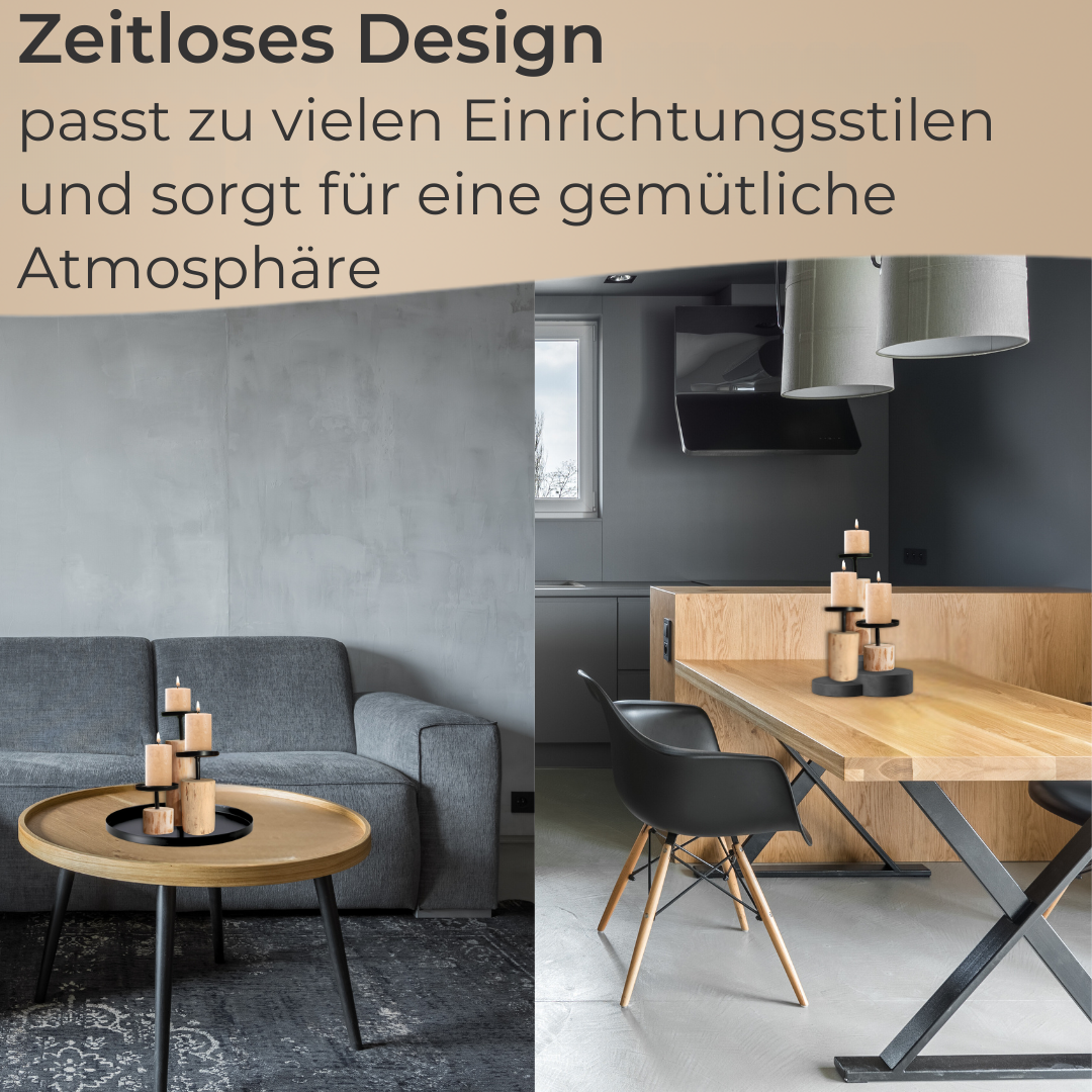 Kerzenständer 3er Set rund Eukalyptusholz & Metall 8-22 cm Stumpenkerzen Deko