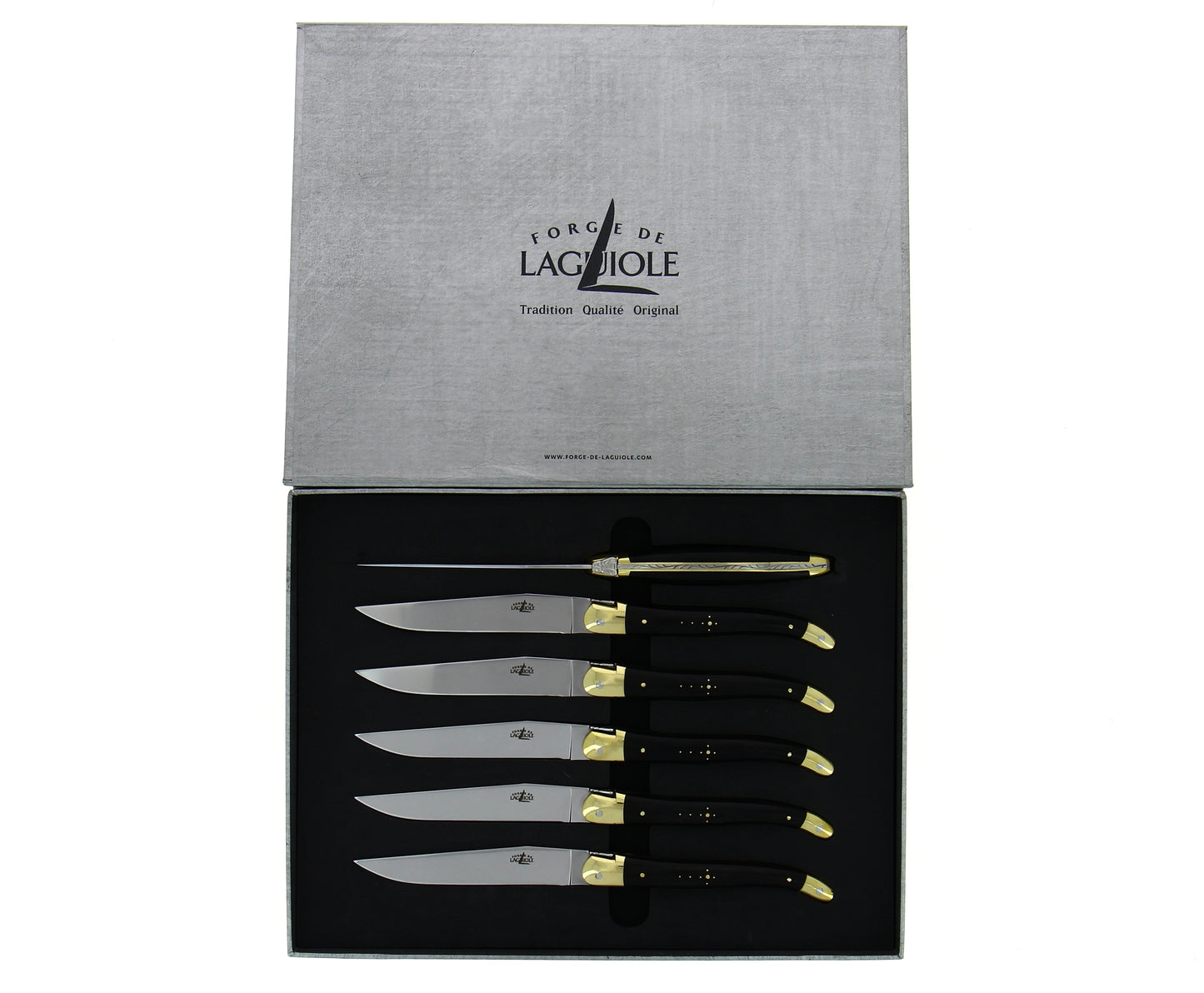 Forge de Laguiole 6 Tafelmesser Messing Griff Ebenholz 23,5 cm 2 Mitres