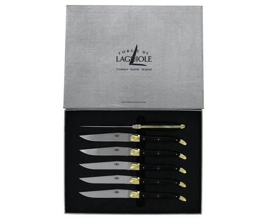 Forge de Laguiole 6 Tafelmesser Messing Griff Ebenholz 23,5 cm 2 Mitres