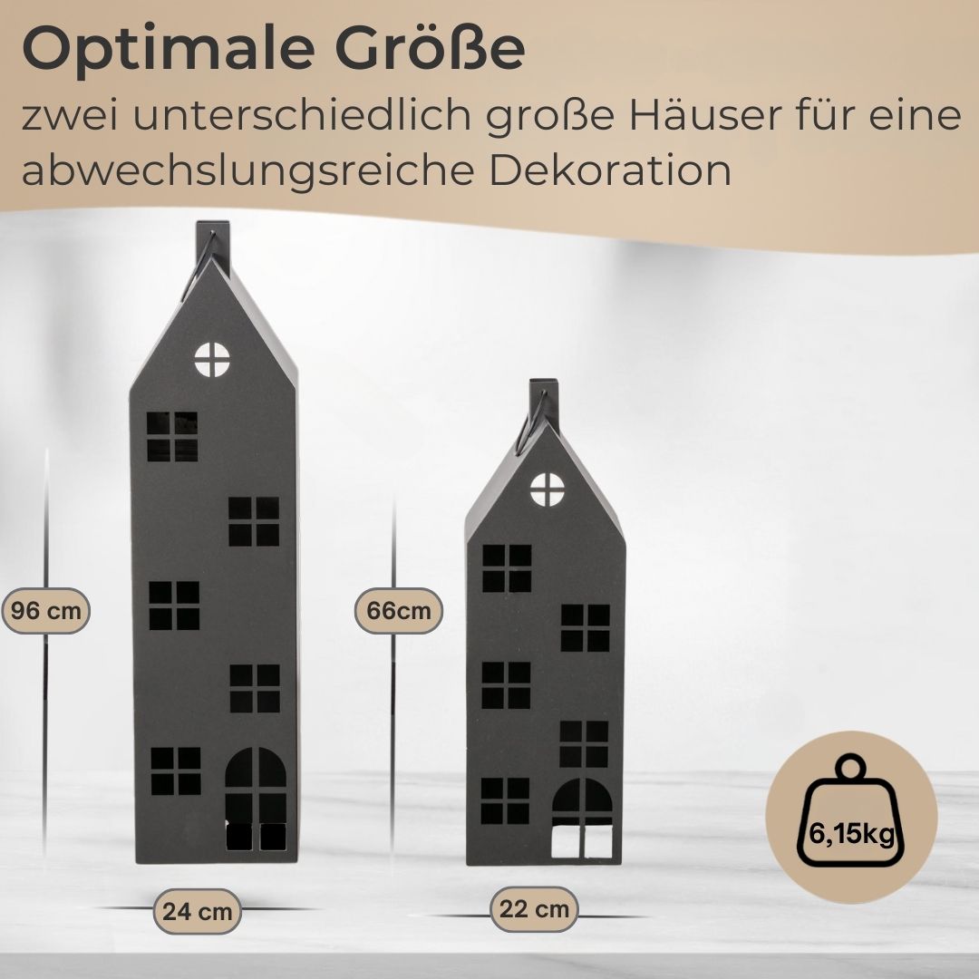 Premium 2er Set Laterne Haus XXL Metall in schwarz H66-96 cm groß/ 2tlg Deko Windlicht mit Henkel- Indoor & Outdoor- Lichtdeko für Kerzen & LED- Lichthaus für Haustür, Terrasse, Garten