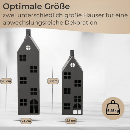 Premium 2er Set Laterne Haus XXL Metall in schwarz H66-96 cm groß/ 2tlg Deko Windlicht mit Henkel- Indoor & Outdoor- Lichtdeko für Kerzen & LED- Lichthaus für Haustür, Terrasse, Garten