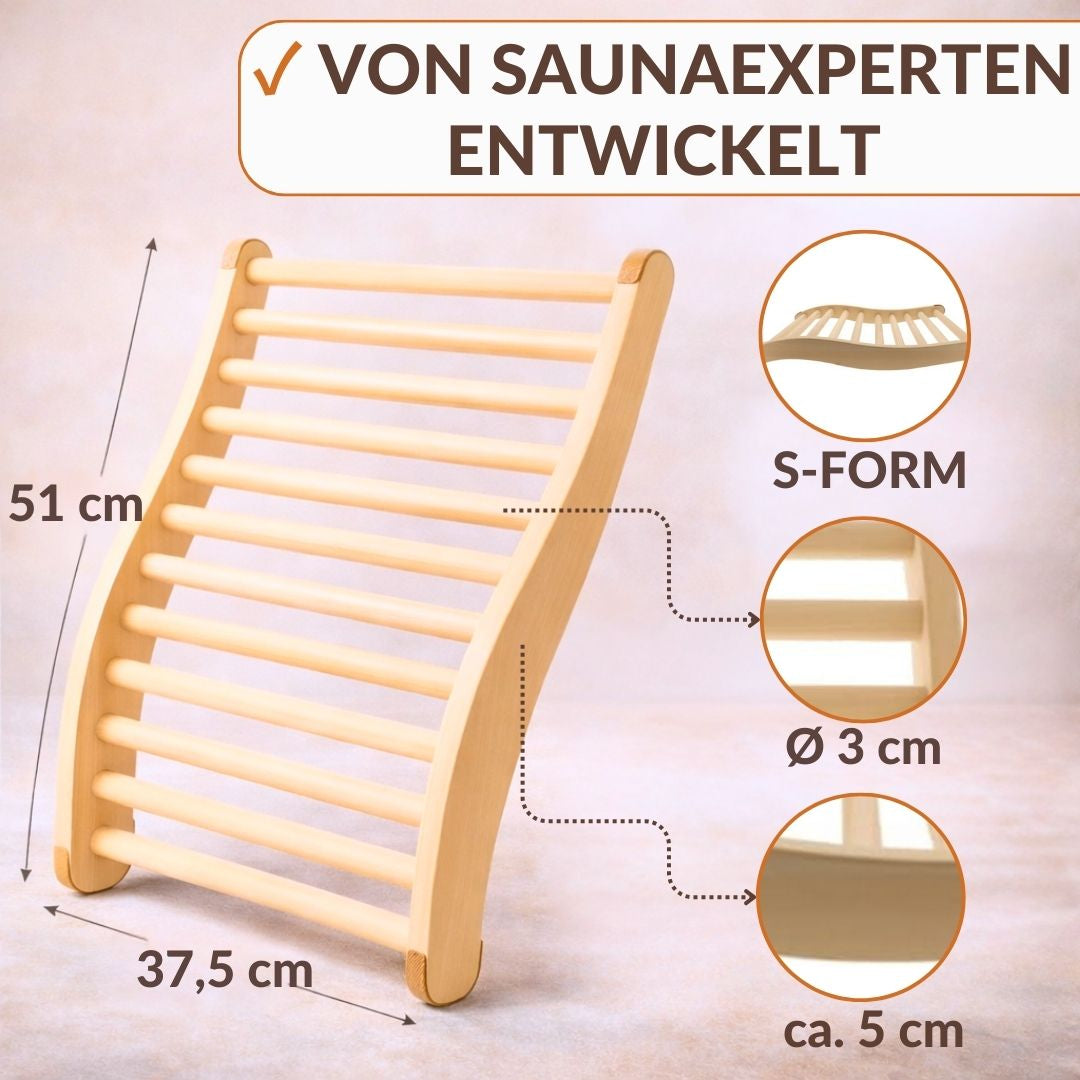 Sauna Rückenlehne Linden S-Form ergonomisch rutschfese Korkstopper Rückenstütze