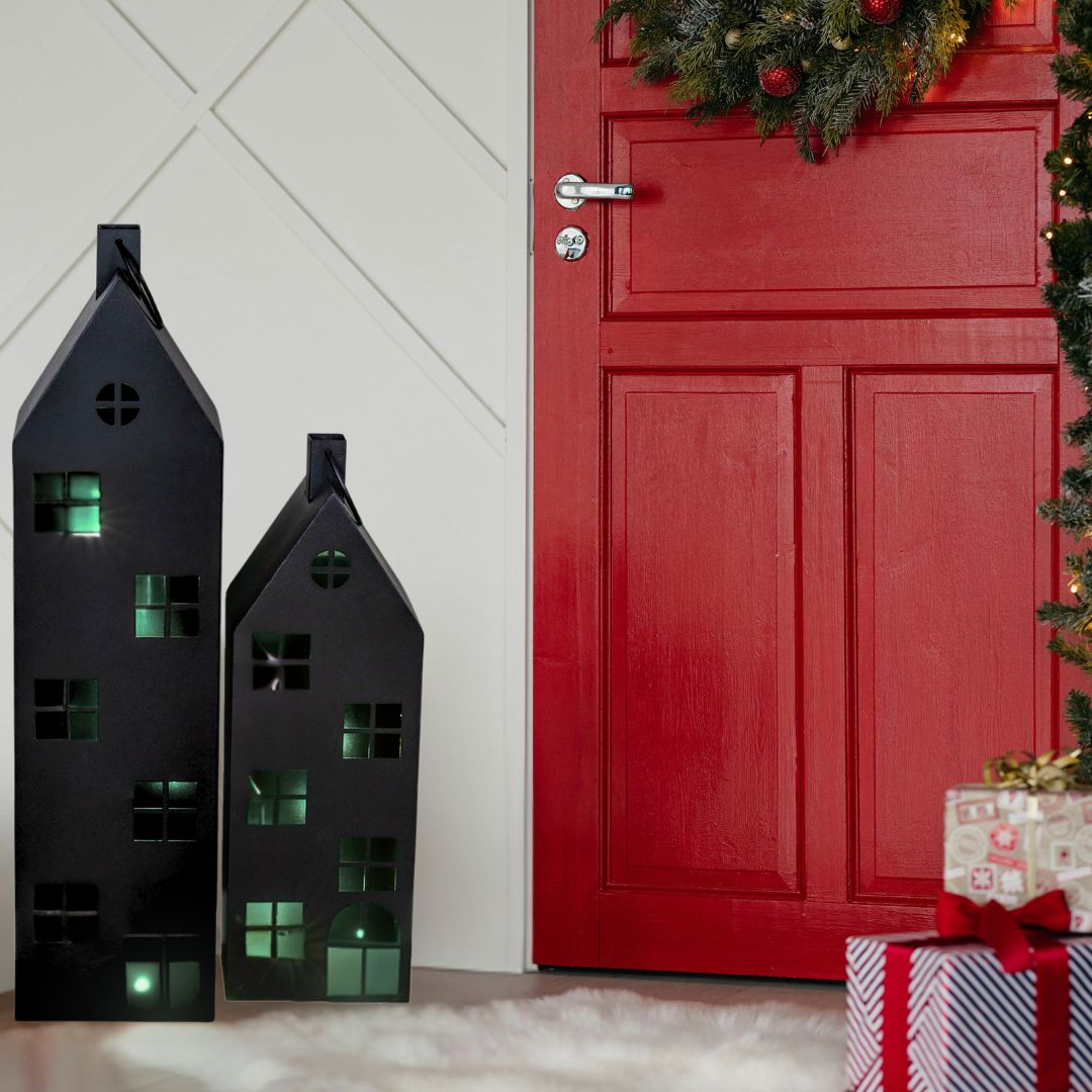 Lantern House 2-piece Set Decorative Stand Metal Black Light House Large H66-96