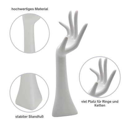 TOPANBIETER 999 Design Schmuckhand - Schmuckhalter im weißen Handform für Armbänder, Ketten, Ringe, Uhren - Schmuckdisplay aus Kunstharz -  Schmuckaufbewahrung - Dekohand als Schmuckständer - Kettenständer Display H34cm
