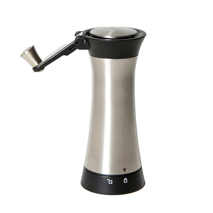 Gewürzmühle Edelstahl mit Behälter & klappbarer Kurbel ideal für Muskat & Tonka