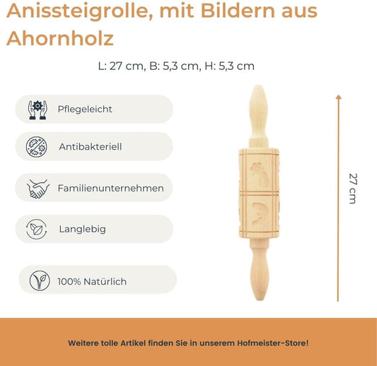 Hofmeister anise rolling pin 27 cm, 8 images, maple wood