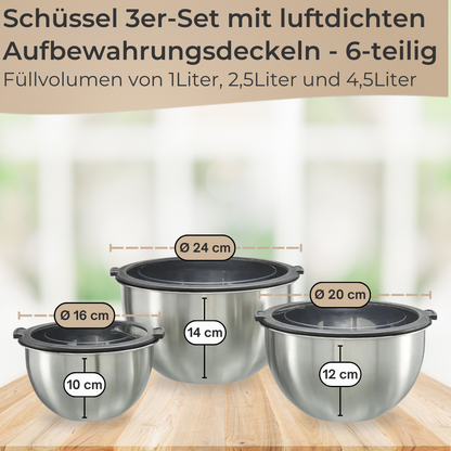 6-piece stainless steel mixing bowl set with lids, stackable, 1, 2, 4.5 L