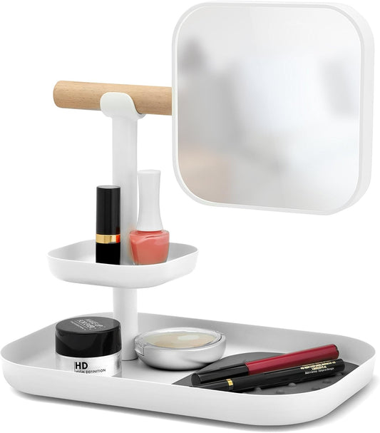 Umbra VANA Organizer with Mirror – Cosmetic &amp; Makeup Storage, Rotating Mirror, Bathroom Organizer for Makeup, Jewelry &amp; Accessories, Modern Design