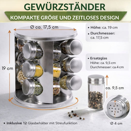Gewürzständer Set mit 12 Gewürzgläsern aus Edelstahl– Gewürzregal rund 360° drehbar – inkl. Verpackung