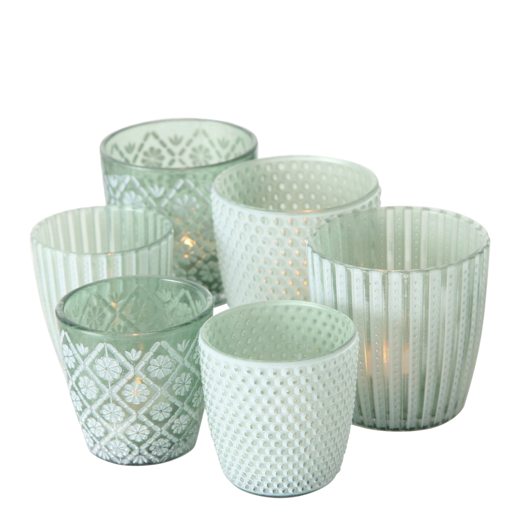 Tealight holders, set of 6, lanterns, 3 designs, 2 sizes 6.5/8.5 cm, green/white