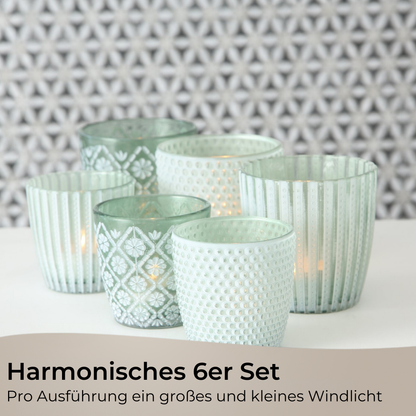 Tealight holders, set of 6, lanterns, 3 designs, 2 sizes 6.5/8.5 cm, green/white