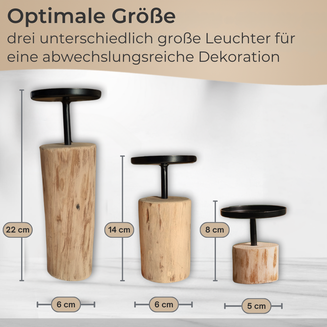 Kerzenständer 3er Set rund Eukalyptusholz & Metall 8-22 cm Stumpenkerzen Deko