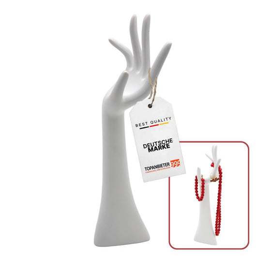 TOPANBIETER 999 Design Schmuckhand - Schmuckhalter im weißen Handform für Armbänder, Ketten, Ringe, Uhren - Schmuckdisplay aus Kunstharz -  Schmuckaufbewahrung - Dekohand als Schmuckständer - Kettenständer Display H34cm