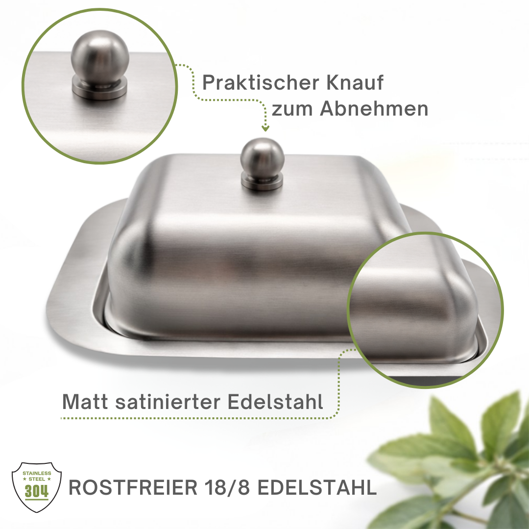 Stainless steel butter dish, matte finish, lid, butter dome, dishwasher safe, butter container 