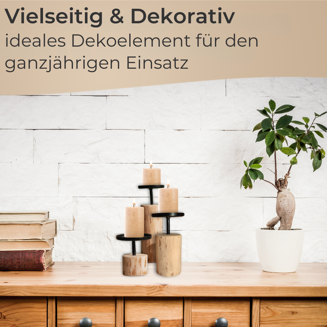 Kerzenständer 3er Set rund Eukalyptusholz & Metall 8-22 cm Stumpenkerzen Deko