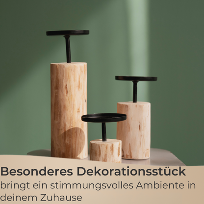 Kerzenständer 3er Set rund Eukalyptusholz & Metall 8-22 cm Stumpenkerzen Deko