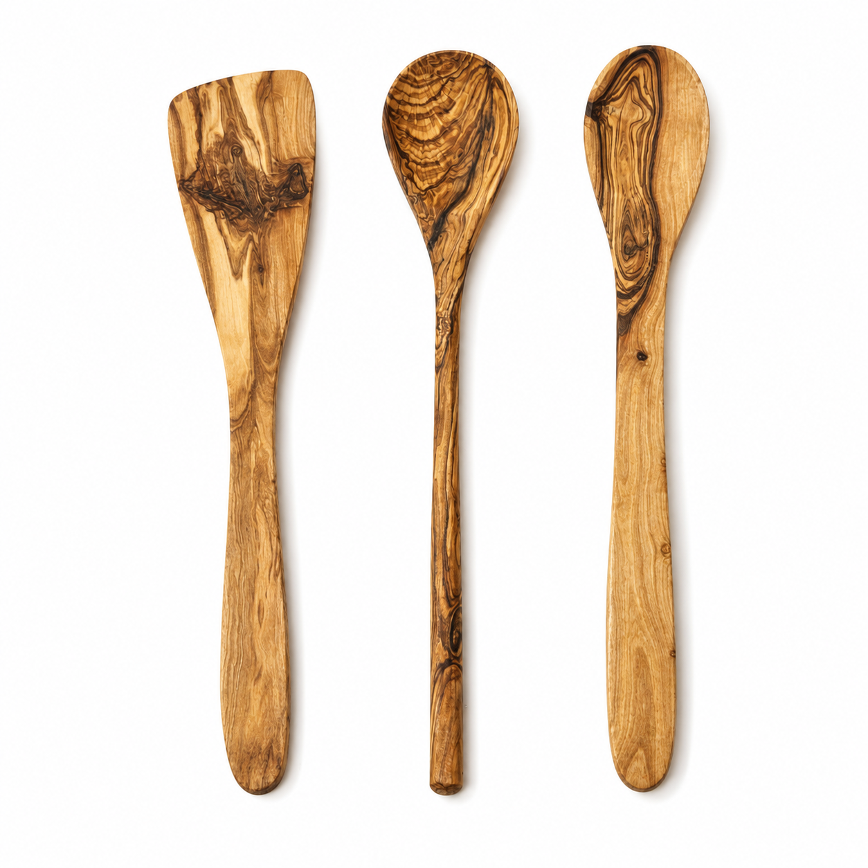 3-piece cooking utensil set: 2 cooking spoons, 1 spatula, olive wood, robust kitchen helpers