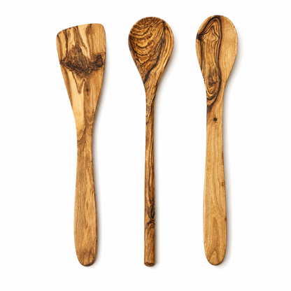 3-piece cooking utensil set: 2 cooking spoons, 1 spatula, olive wood, robust kitchen helpers