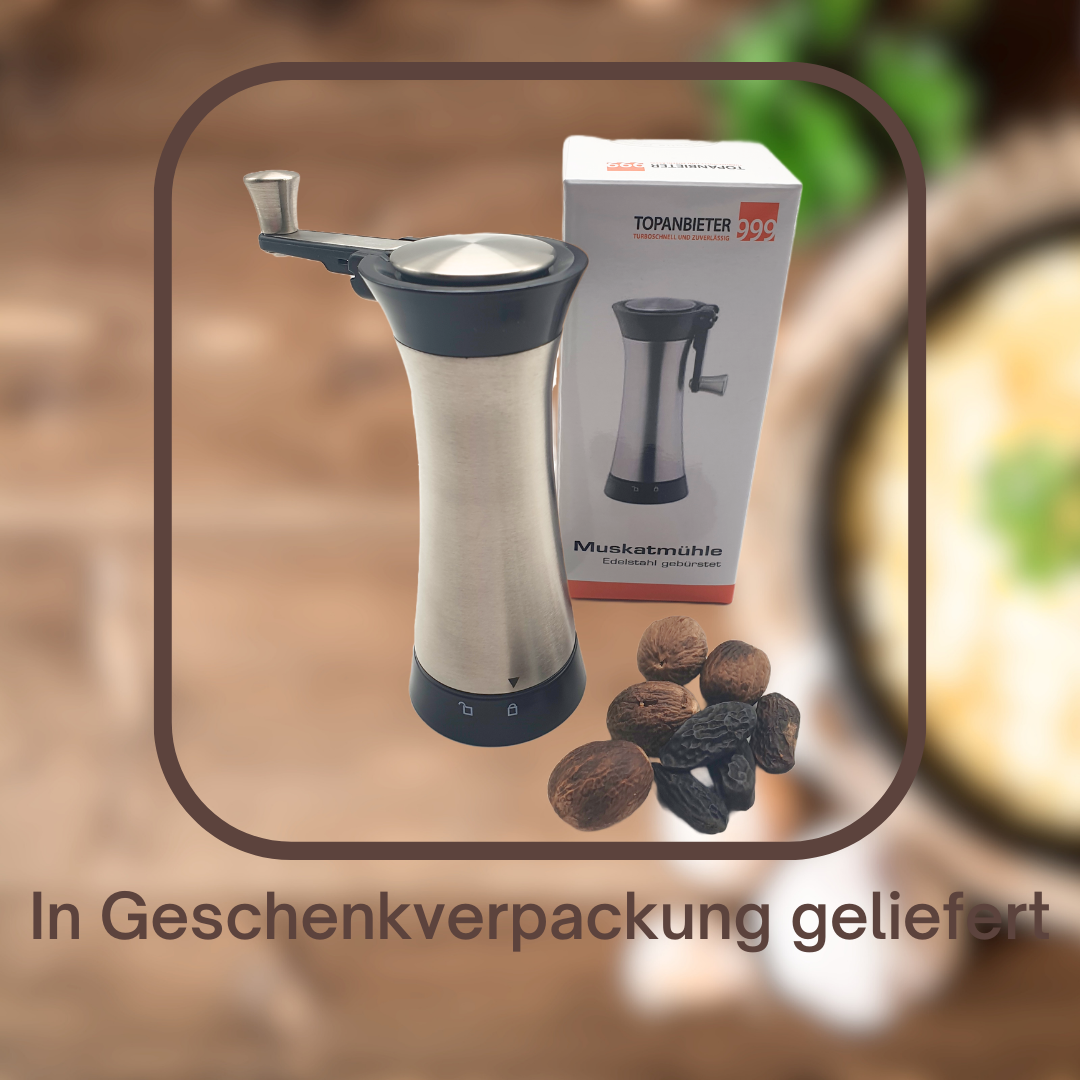 Gewürzmühle Edelstahl mit Behälter & klappbarer Kurbel ideal für Muskat & Tonka