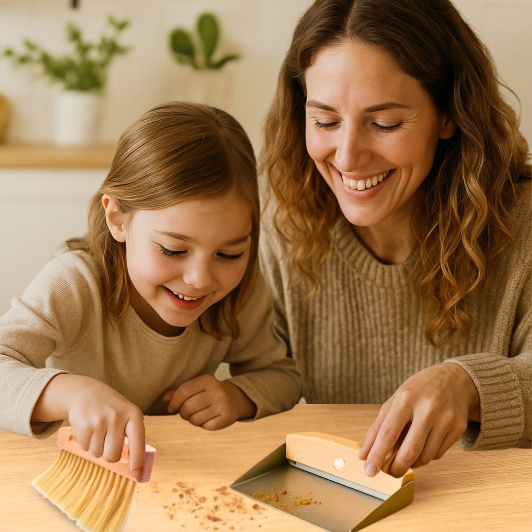 Premium 2tlg. Tischkehrset Holz & Metall klein & leicht, Mini Schaufel & Besen Set magnetisch verbunden, Tischbürste Buche & Metall-Kehrschaufel, Tragbare Handfeger & Kehrblech für Küche,Büro & Kinder