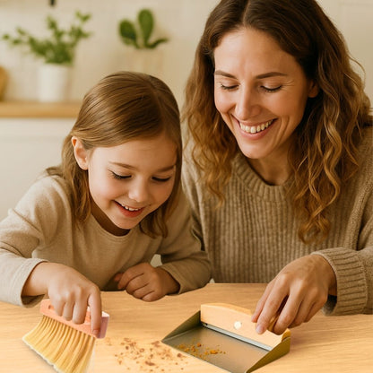 Premium 2tlg. Tischkehrset Holz & Metall klein & leicht, Mini Schaufel & Besen Set magnetisch verbunden, Tischbürste Buche & Metall-Kehrschaufel, Tragbare Handfeger & Kehrblech für Küche,Büro & Kinder