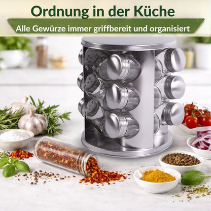 Gewürzständer Set mit 12 Gewürzgläsern aus Edelstahl– Gewürzregal rund 360° drehbar – inkl. Verpackung