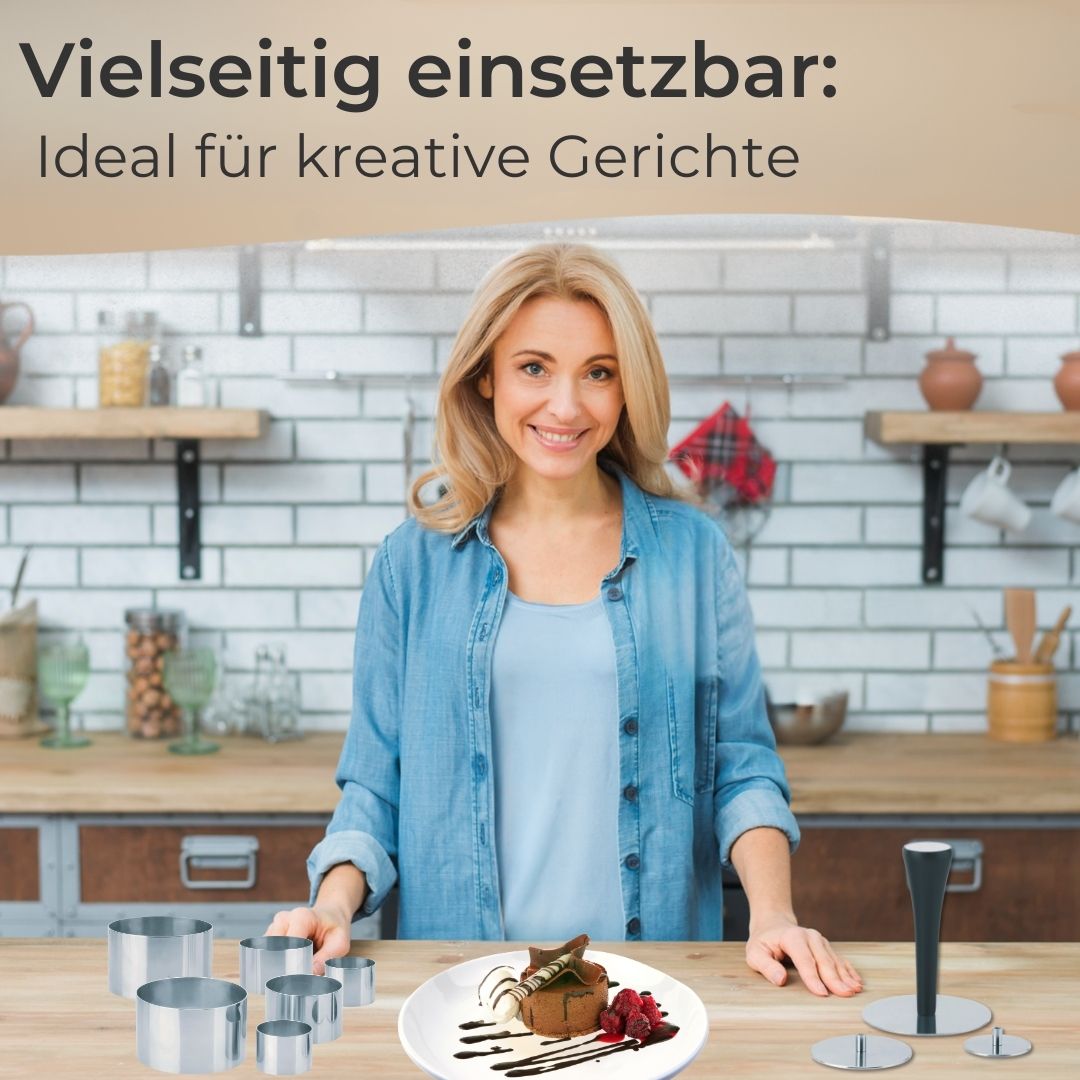 Premium Profispeiseringe Set 10tlg.Dessertring Ø 4/6/8 cm mit Presse & Griff