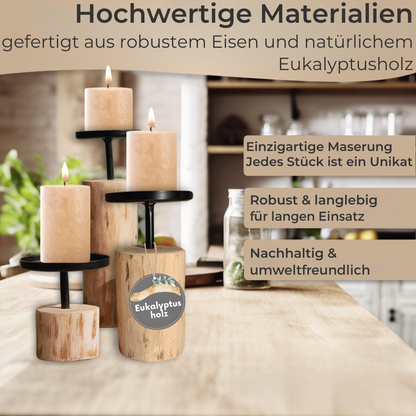 Kerzenständer 3er Set rund Eukalyptusholz & Metall 8-22 cm Stumpenkerzen Deko