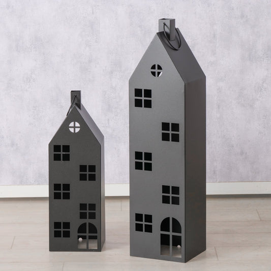 Alba Laterne Windlicht Haus schwarz 66-96cm 2tlg Metall für Kerzen & LED,B-Ware