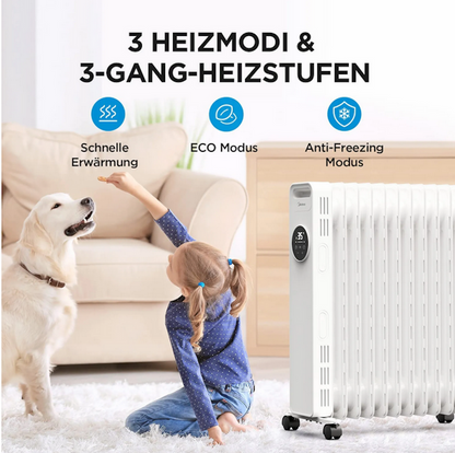 Midea Ölradiator 2300W, Heizlüfter Energiesparend Leise,Elektroheizung mit 11 Rippen, Thermostat,24h Timer,3 Heizstufen mit Fernbedienung,LED Display, Kipp- und Überhitzungsschutz,ECO-Modus
