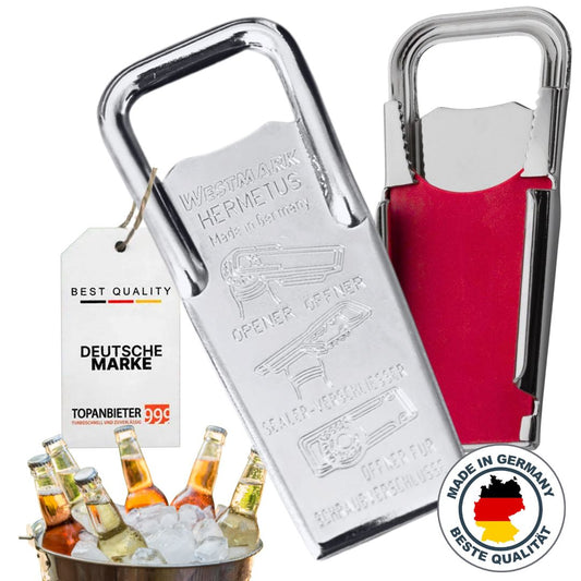 Flaschenöffner und - verschließer Hermetus aus Stahl, 3 in 1 – Kapselheber, Schraubverschlussöffner und Flaschenverschließer, Made in Germany