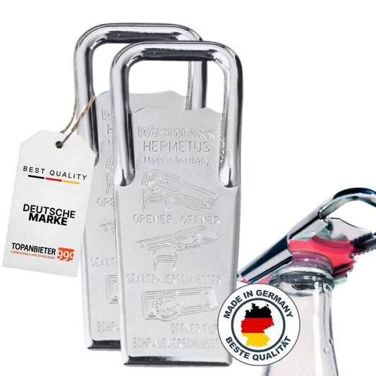 Flaschenöffner und - verschließer Hermetus aus Stahl, 3 in 1 – Kapselheber, Schraubverschlussöffner und Flaschenverschließer, Made in Germany