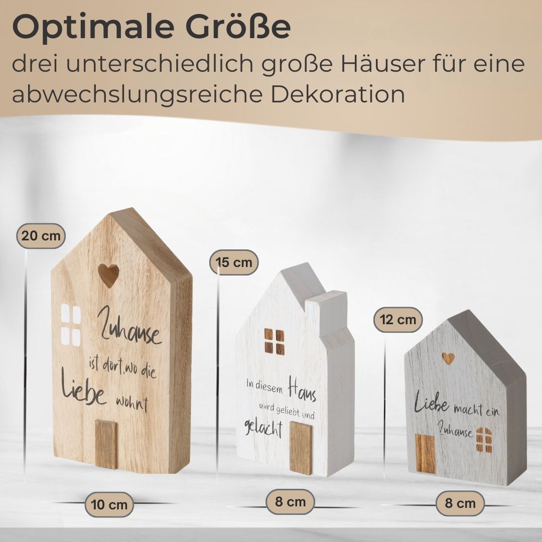 TA999 Dekoaufsteller 3er Set Holz Häuser bemalt weiß, grau, natur stilvolle Deko