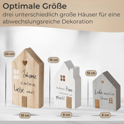 TA999 Dekoaufsteller 3er Set Holz Häuser bemalt weiß, grau, natur stilvolle Deko