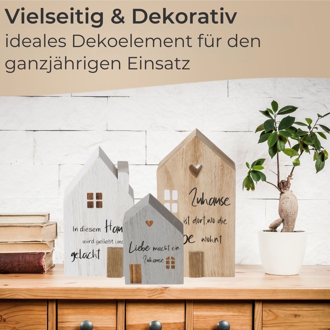 TA999 Dekoaufsteller 3er Set Holz Häuser bemalt weiß, grau, natur stilvolle Deko