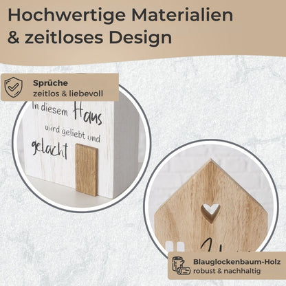 TA999 Dekoaufsteller 3er Set Holz Häuser bemalt weiß, grau, natur stilvolle Deko