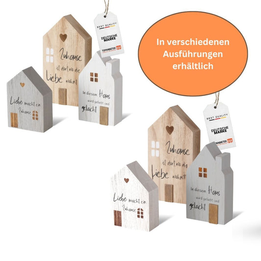 TA999 Dekoaufsteller 3er Set Holz Häuser bemalt weiß, grau, natur stilvolle Deko