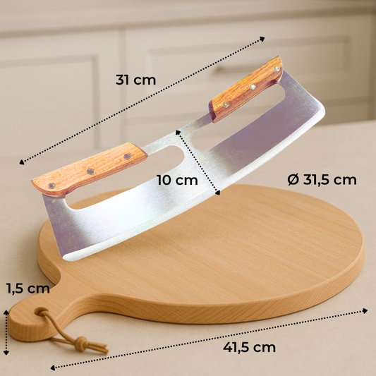 Pizzaschneider & Pizzabrett Premium Set , Pizzawiege Edelstahl mit Buchenholzgriffen 31 cm und Holzbrett Buche geölt 41 cm