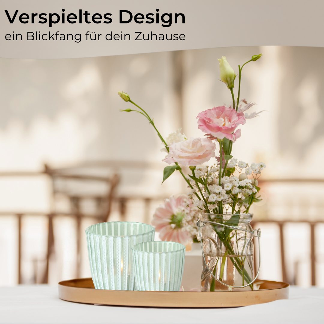 Tealight holders, set of 6, lanterns, 3 designs, 2 sizes 6.5/8.5 cm, green/white