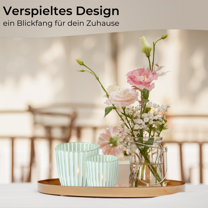 Tealight holders, set of 6, lanterns, 3 designs, 2 sizes 6.5/8.5 cm, green/white