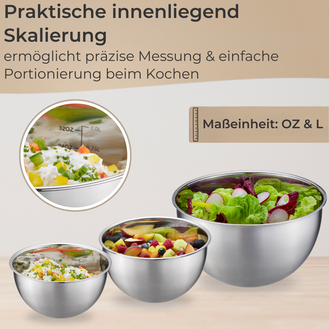 6-piece stainless steel mixing bowl set with lids, stackable, 1, 2, 4.5 L