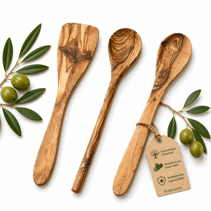 3-piece cooking utensil set: 2 cooking spoons, 1 spatula, olive wood, robust kitchen helpers
