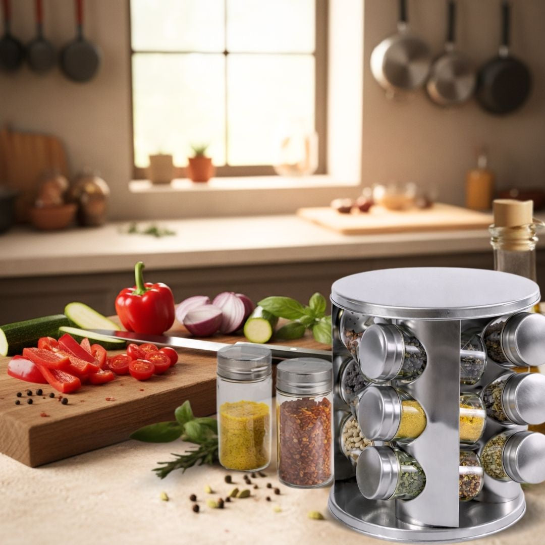 Gewürzständer Set mit 12 Gewürzgläsern aus Edelstahl– Gewürzregal rund 360° drehbar – inkl. Verpackung