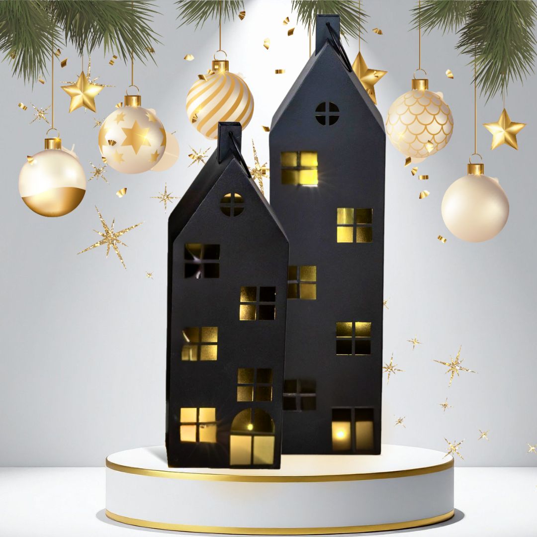 Lantern House 2-piece Set Decorative Stand Metal Black Light House Large H66-96