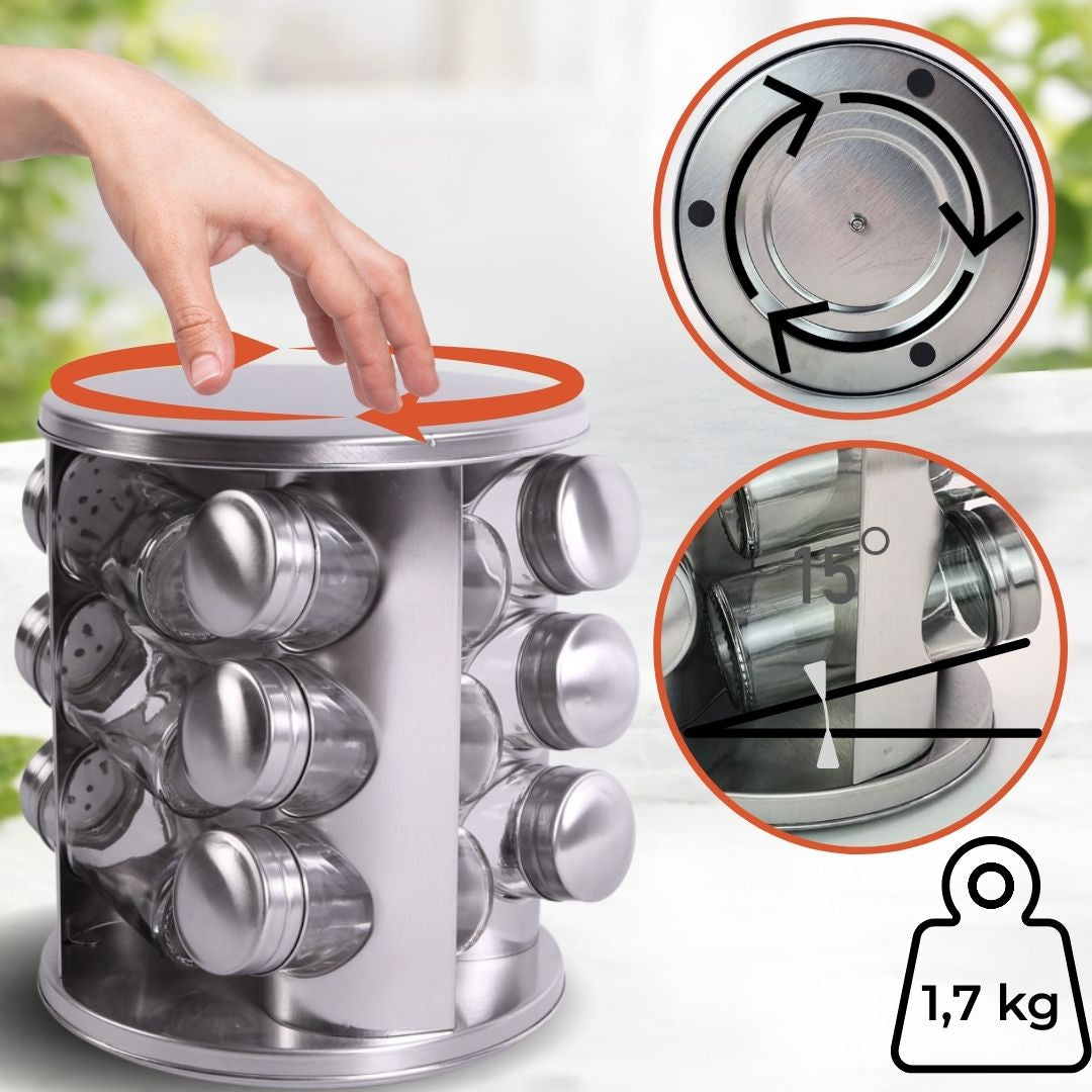 Gewürzständer Set mit 12 Gewürzgläsern aus Edelstahl– Gewürzregal rund 360° drehbar – inkl. Verpackung